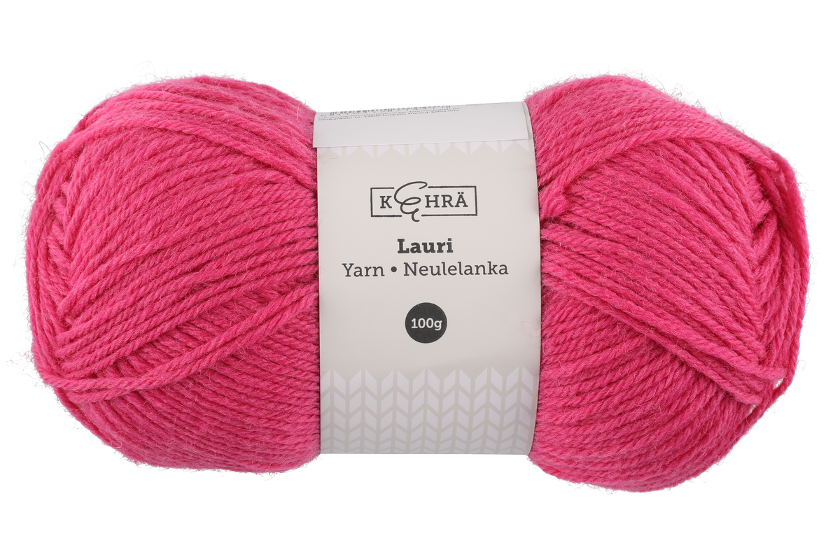 Kehra Lauri Neulelanka pinkki 100 g Kerassa 100g, n. 200 metria. Puikot 3.5-4mm, neuletiheys 10cm:lla 18s-19s ja 26 krs,