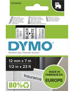 Dymo D1 teippi 12 mm x 7 m musta valkoisella