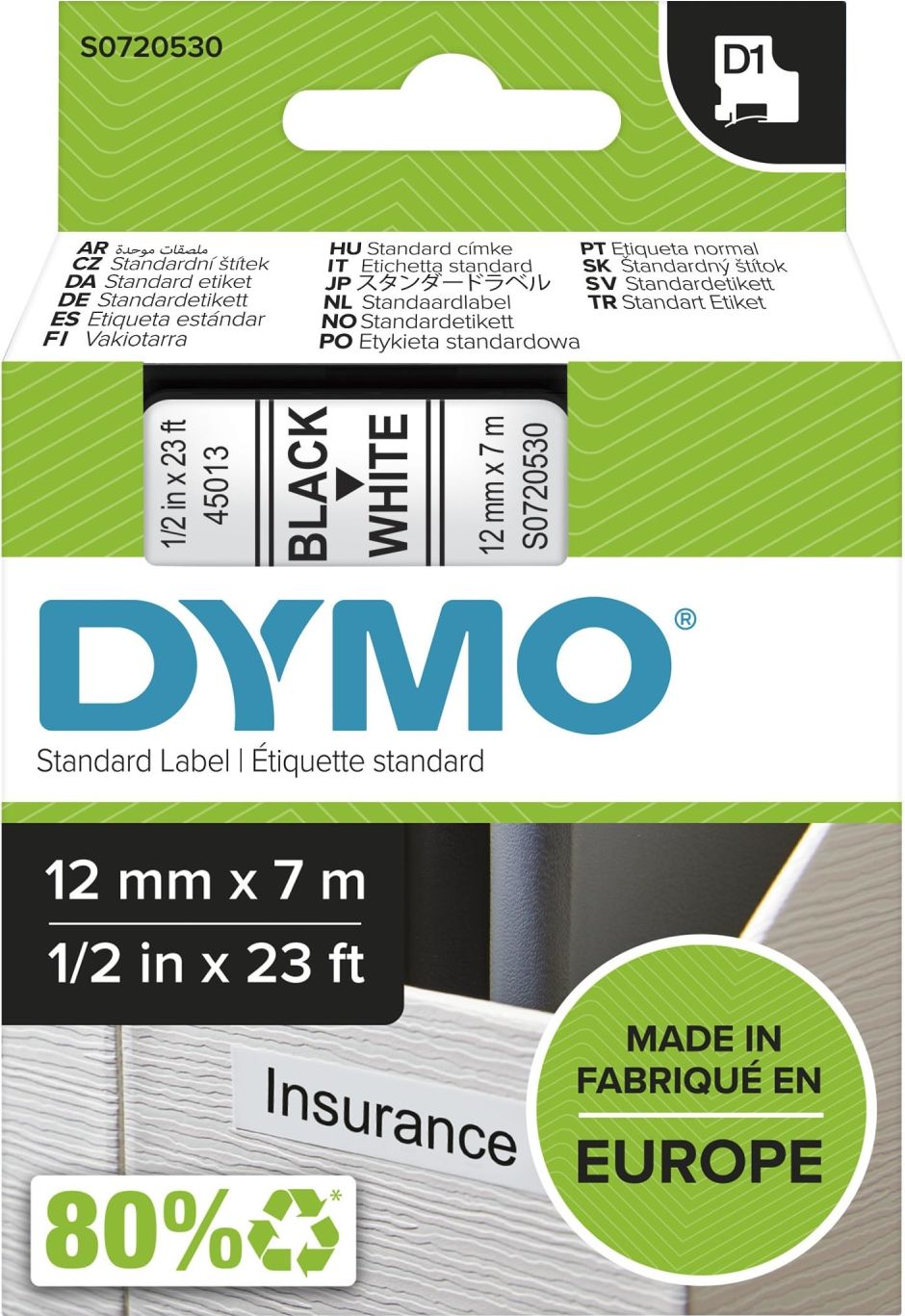 Dymo D1 teippi 12 mm x 7 m musta valkoisella