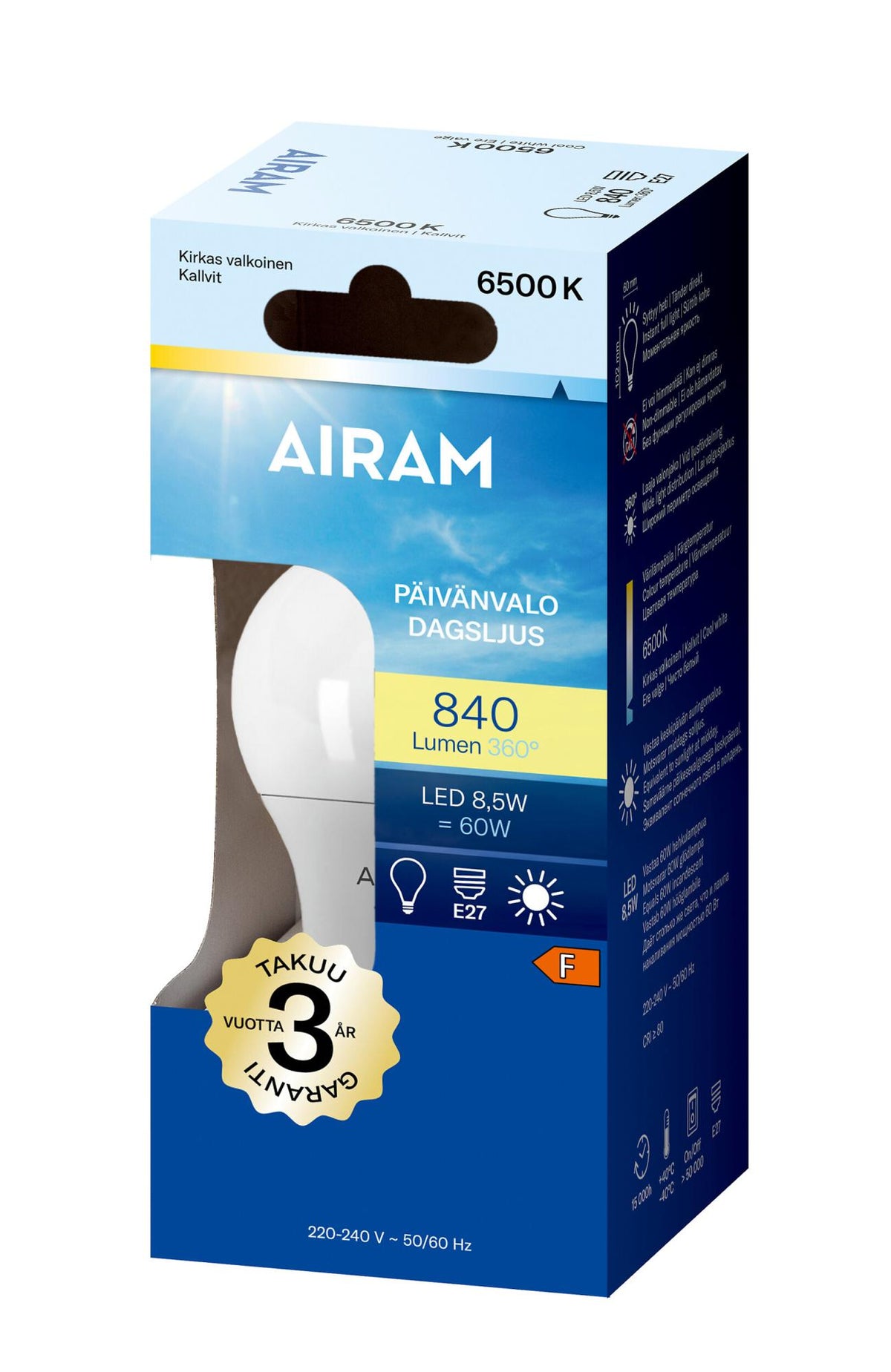 Airam LED-Paivanvalo E27 6500K 810lm -Energialuokka: A+ -Varilampotila: 6500K -Kanta: E27 -Teho: 8,5W, 810LM -Takuu 36kk
