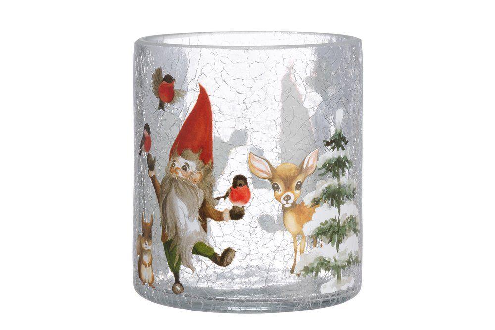 Winteria Nisse Lasilyhty 10 cm Kirkas lasilyhty on koristettu kauniilla, jouluisella kuvioinnilla ja krakleerauksella.