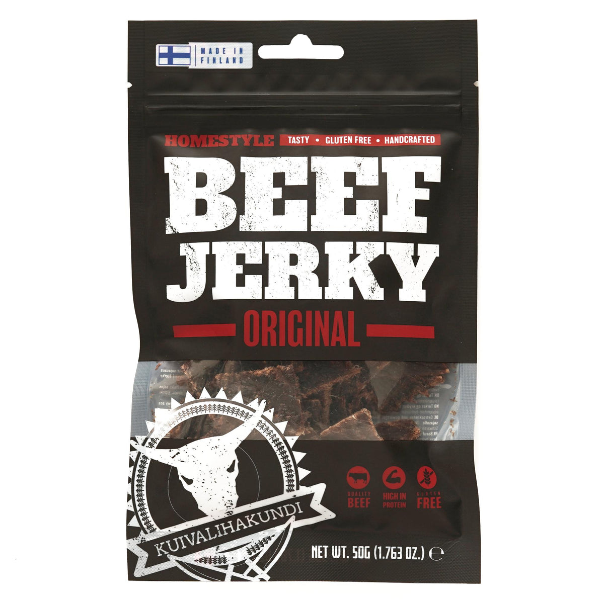 Kuivalihakundi Beef Jerky Original naudanpaisti, gluteeniton soijakastike ( vesi, soijaproteiinihydrolysaatti, suola),