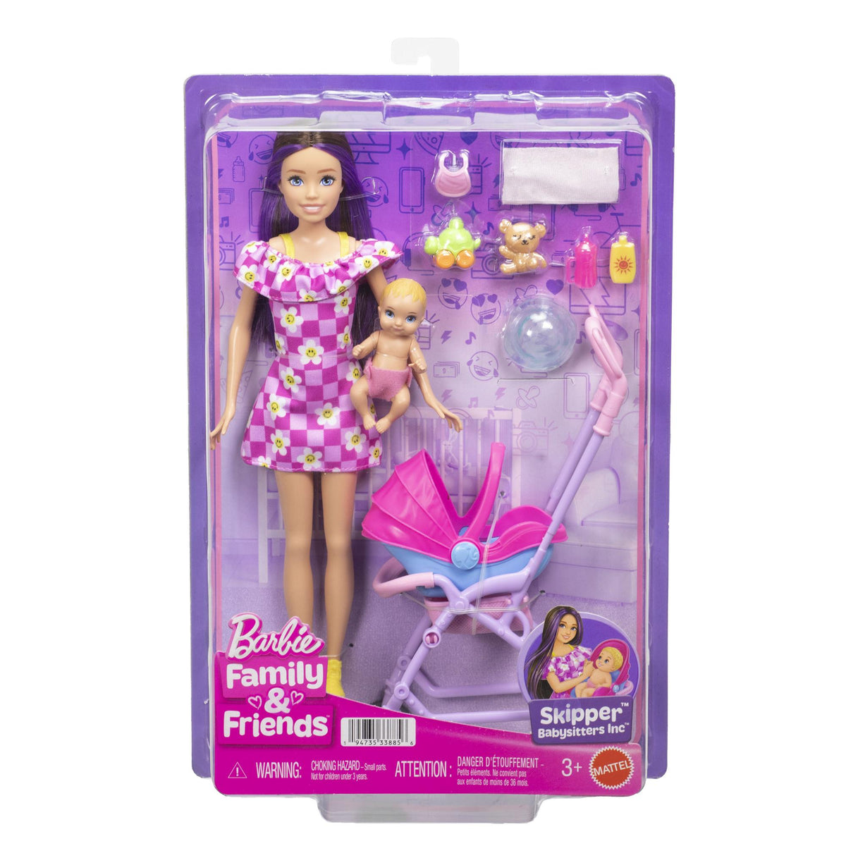 Barbie Skipper Babysitting stroller . Mukana myos nalle, pullo, helistin, peitto ja muita tarvikkeita. Yhteensa 10 osaa.