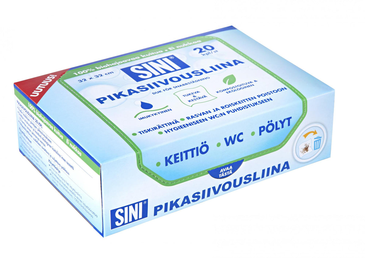 Sini Pikasiivousliina, kuiva – 20 kpl Imukykyinen ja ekologinen pikasiivousliina Kaikille kodin pinnoille sopiva ekologinen