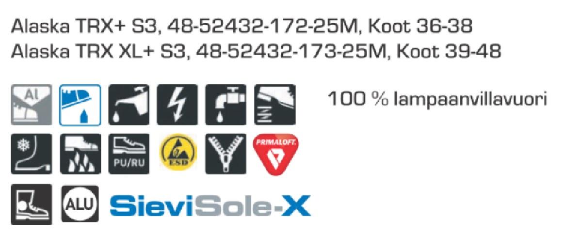 Alaska TRX XL+ S3 turvakengat Alaska TRX -jalkineessa on uusi SieviSole-X metallliton naulaanastumissuoja, joka tarjoaa