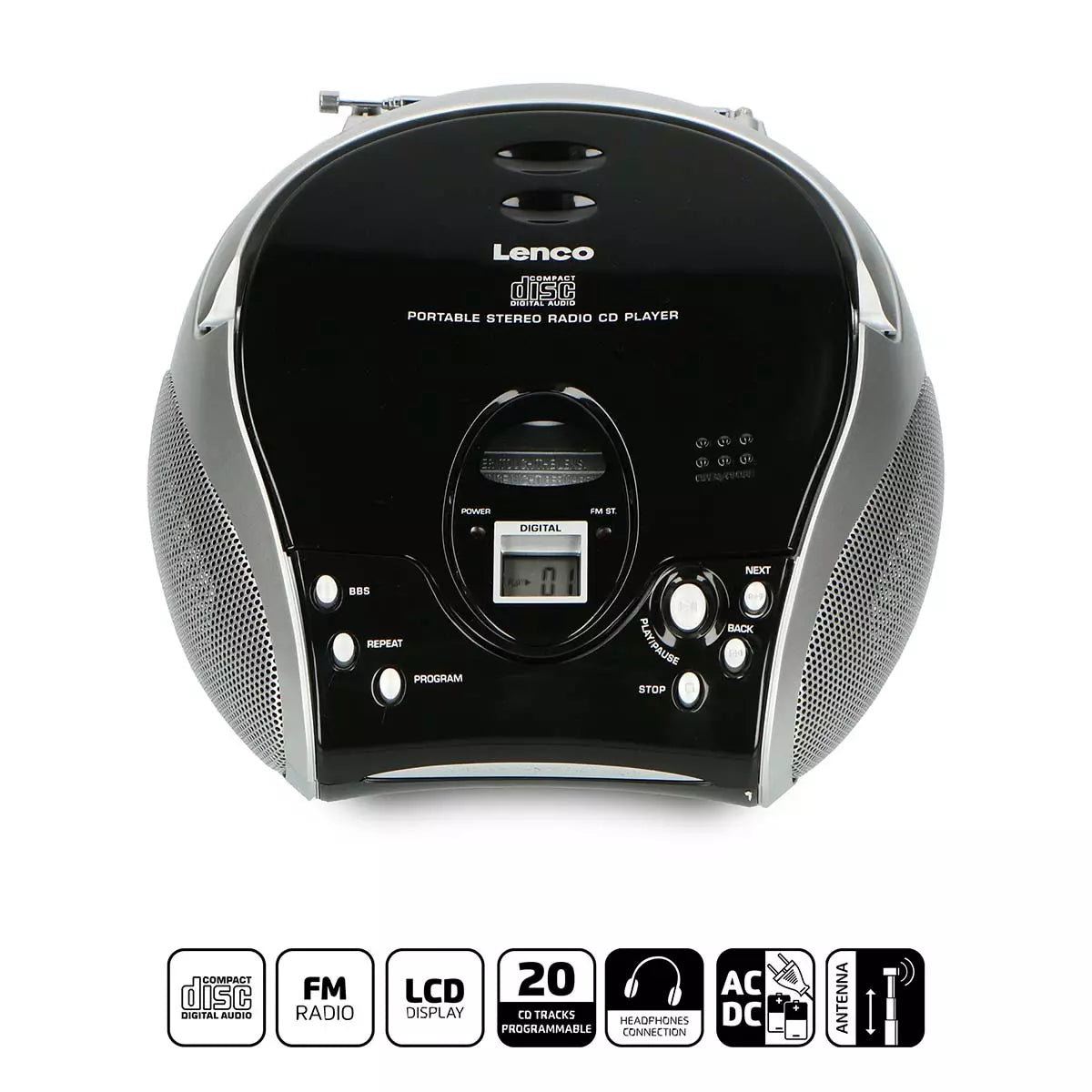 Lenco Kannettava stereo FM-radio CD-soittimella Musta/hopea