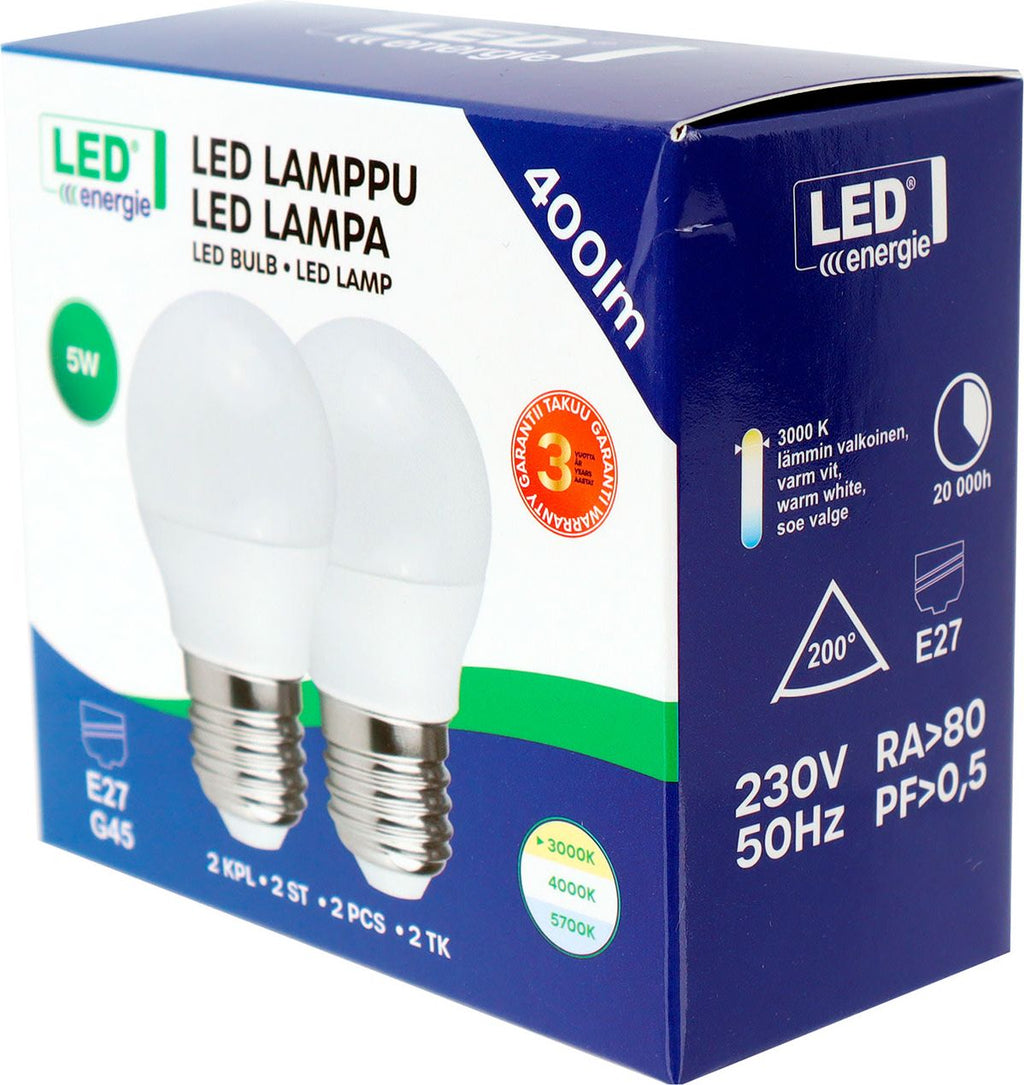 Led Energie Pienkupulamppu G45/E27 5 w 400 lm 3000k 2 kpl/pkt