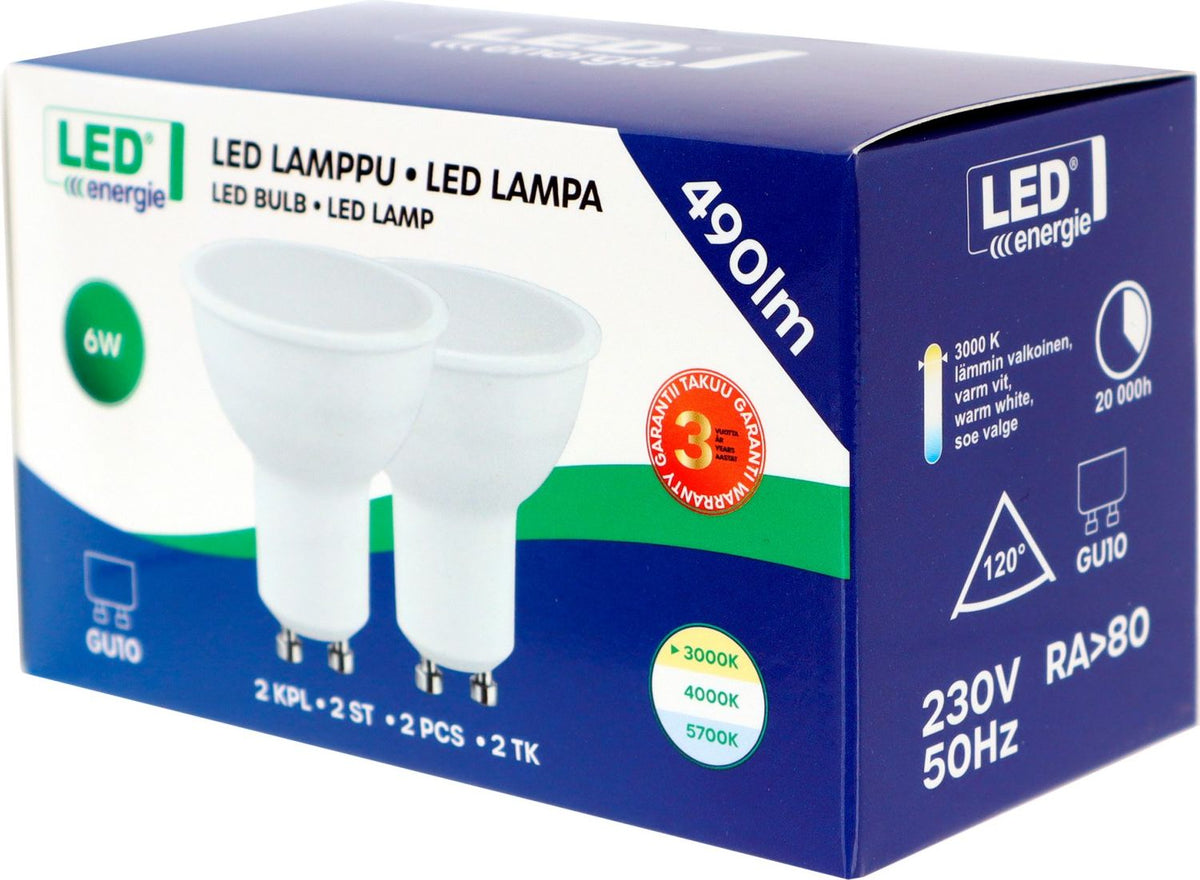 Led Energie Kohdelamppu GU10 6 w 490 lm 3000k 2 kpl/pkt