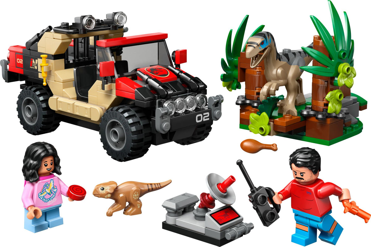 Lego Raptor ja pako maastoautolla