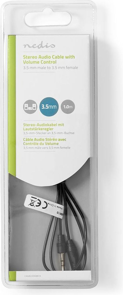 Stereoaudiojatkokaapeli, Jossa Äänenvoimakkuuden Säädin 3,5 mm, Uros - 3,5 mm, Naaras 1,0 m Musta