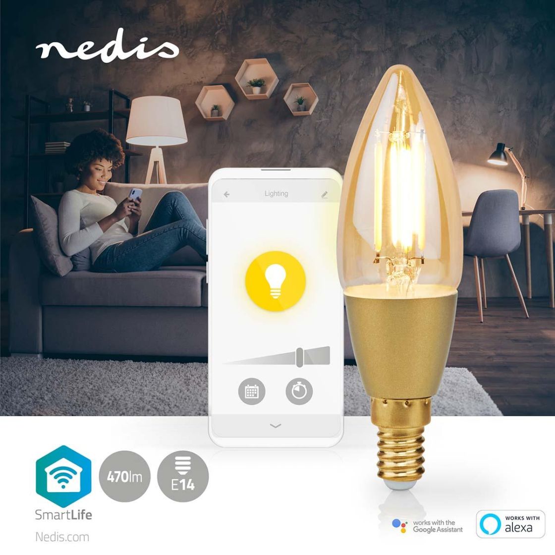 Nedis SmartLife LED Filamenttilamppu | Wi-Fi | E14 | 470 lm | 4.9 w | Lämmin Valkoinen | 1800 - 3000 k | Lasi | Android™ / ios | Kynttilä