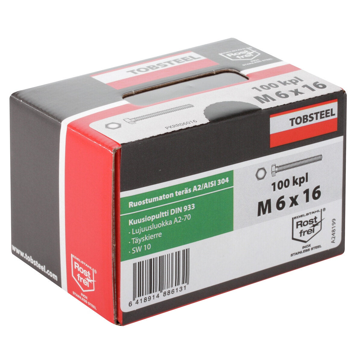 Pultti M6X16 rst A2-70 DIN933 100 kpl kuusiok.