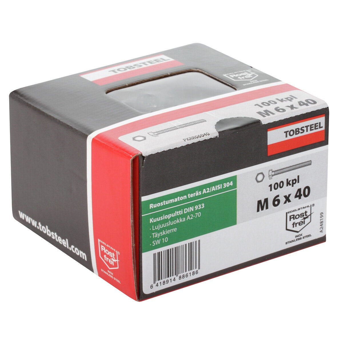 Pultti M6X40 rst A2-70 DIN933 100 kpl kuusiok.