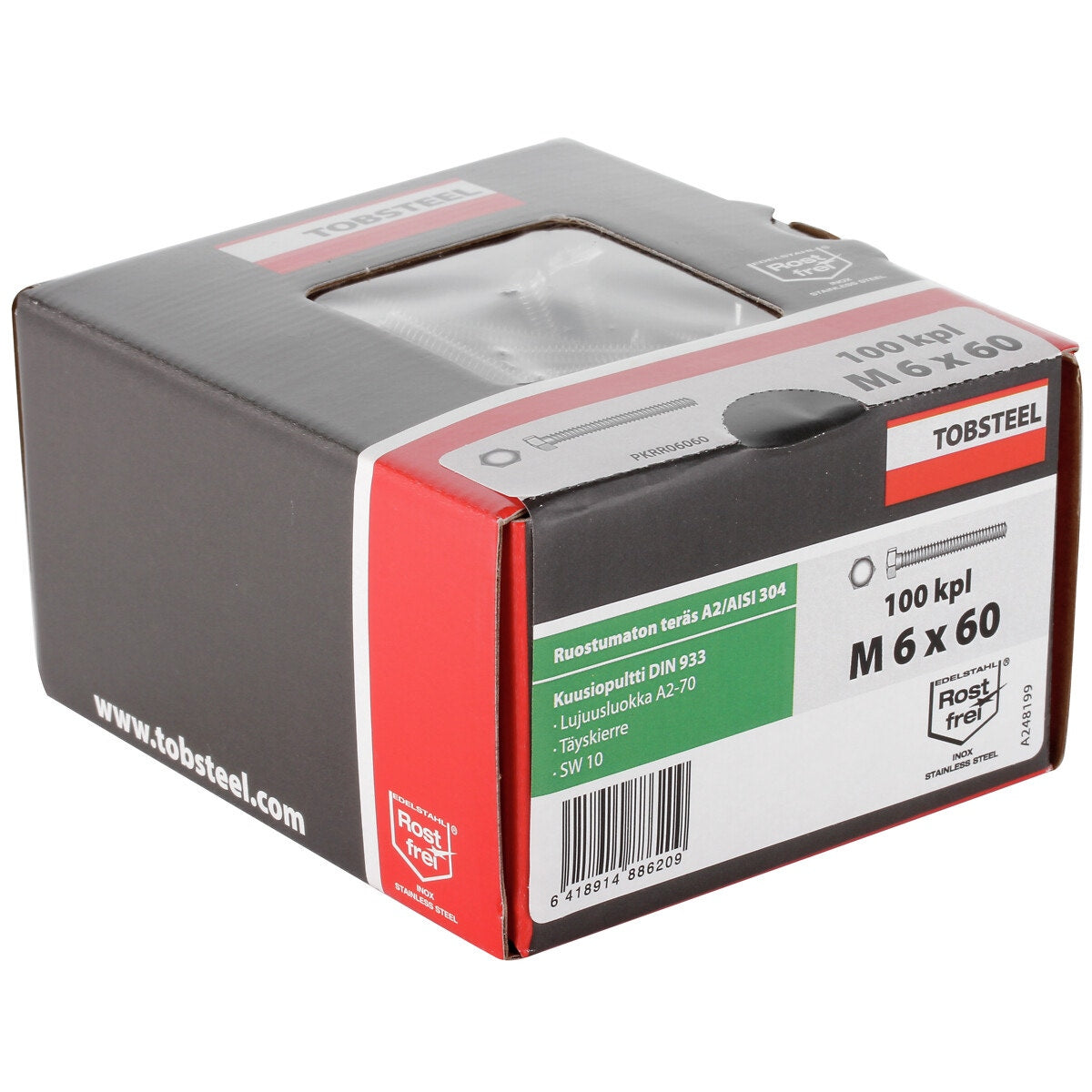 Pultti M6X60 rst A2-70 DIN933 100 kpl kuusiok.