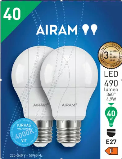 Airam LED E27 490 lm/4000k 2PACK